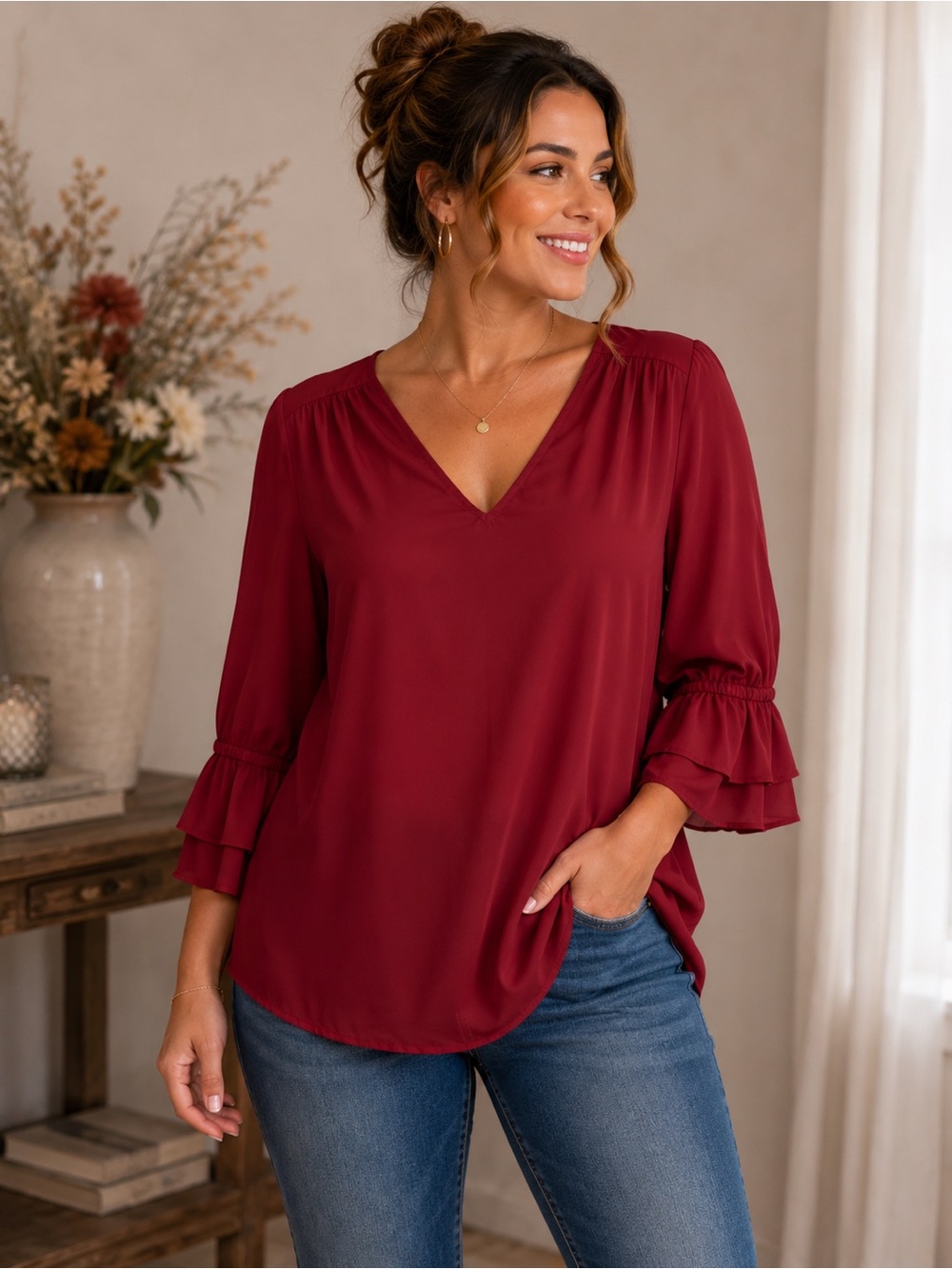 CeCe Burgundy Red Blouse Women’s Large 3/4 Sleeve Draped Neck Career Top